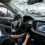 Recall da Ram: técnico faz manutenção eletrônica no painel de picape de grande porte em oficina iluminada, com tela multimídia em destaque.