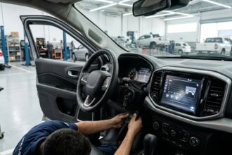 Recall da Ram: técnico faz manutenção eletrônica no painel de picape de grande porte em oficina iluminada, com tela multimídia em destaque.