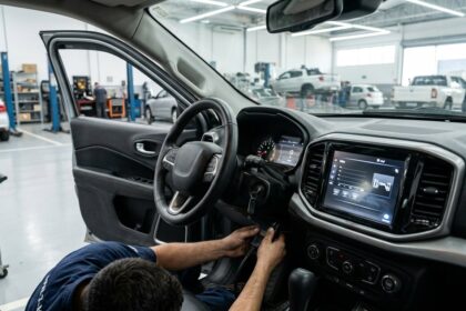 Recall da Ram: t&eacute;cnico faz manuten&ccedil;&atilde;o eletr&ocirc;nica no painel de picape de grande porte em oficina iluminada, com tela multim&iacute;dia em destaque.