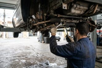 Recall da Volkswagen: mecânico inspeciona componentes e parafusos da caixa de direção sob um carro erguido em oficina.