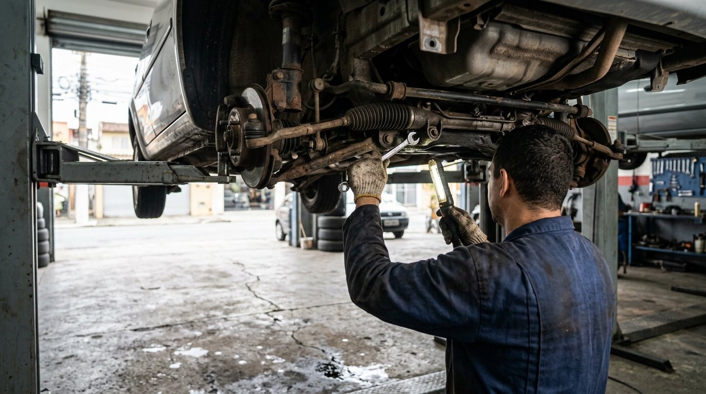 Recall da Volkswagen: mecânico inspeciona componentes e parafusos da caixa de direção sob um carro erguido em oficina.