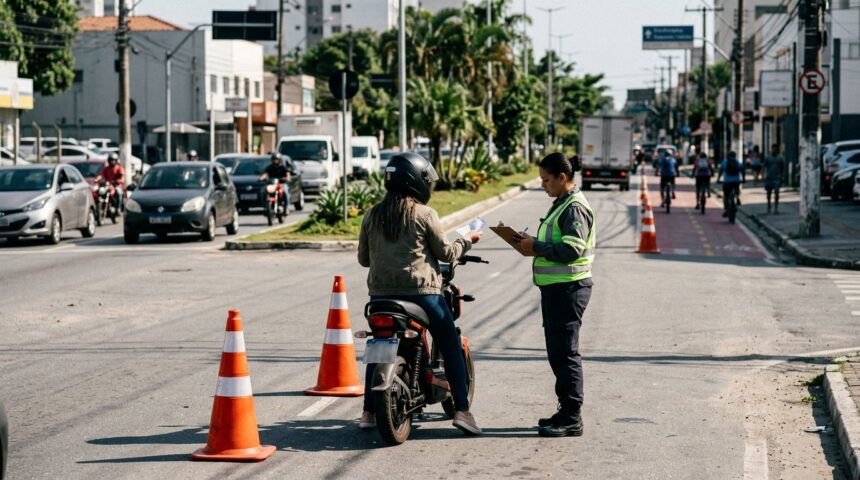 Regras para ciclomotores: ciclomotor parado em fiscalização de trânsito em avenida brasileira, com condutor de capacete segurando documento.