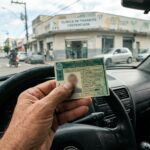 Renovação automática da CNH: mão de motorista segurando uma CNH verde dentro do carro, com volante em primeiro plano e rua brasileira desfocada ao fundo.
