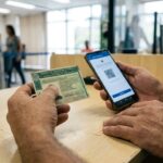 Renovação CNH Detran-BA: mãos de condutor segurando carteira de habilitação brasileira junto a smartphone sobre balcão de atendimento com luz natural.