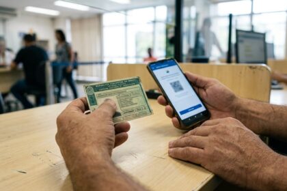 Renovação CNH Detran-BA: mãos de condutor segurando carteira de habilitação brasileira junto a smartphone sobre balcão de atendimento com luz natural.
