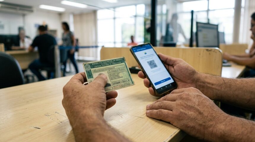 Detran-BA cobra taxa de R$ 230,94 para renovar CNH com entrega em 10 dias úteis 1 Renovação CNH Detran-BA: mãos de condutor segurando carteira de habilitação brasileira junto a smartphone sobre balcão de atendimento com luz natural.
