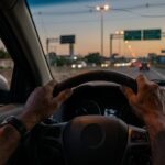Visão do motorista ao volante trafegando em rodovia com alerta para romeiros na Via Dutra.