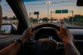 Visão do motorista ao volante trafegando em rodovia com alerta para romeiros na Via Dutra.