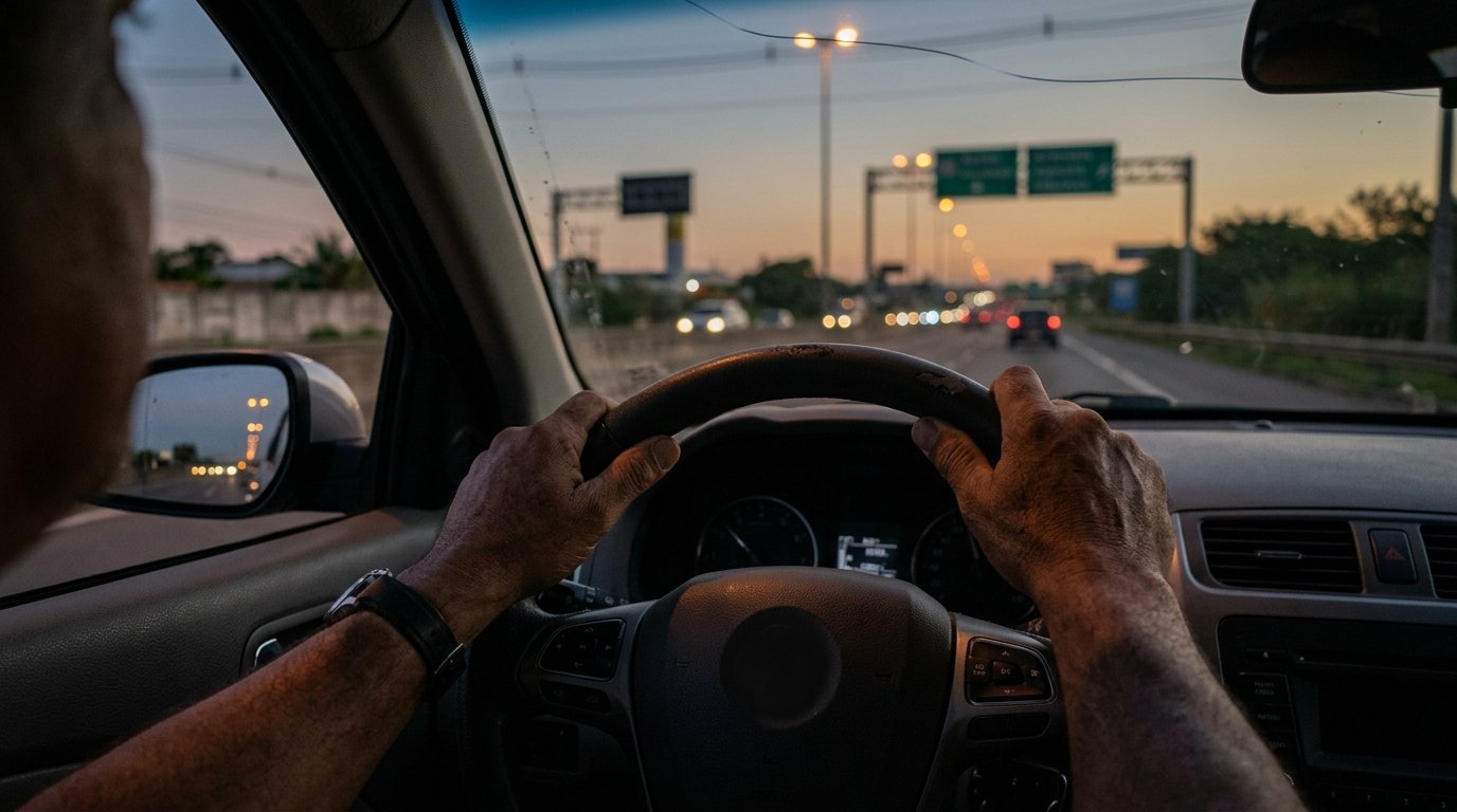 Visão do motorista ao volante trafegando em rodovia com alerta para romeiros na Via Dutra.