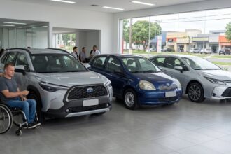 Toyota PCD com opções de veículos expostos em concessionária brasileira