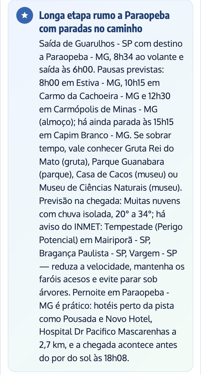 Dica do copiloto com IA para o dia: pausas, tempo, alerta e pernoite