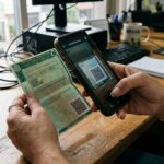 Validar CNH digital: mãos seguram smartphone apontando a câmera para escanear o QR Code no verso de uma CNH sobre fundo neutro.