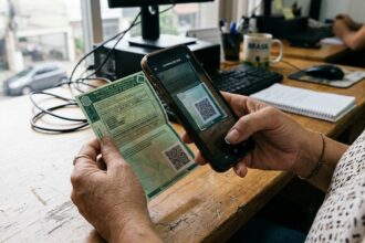 Validar CNH digital: mãos seguram smartphone apontando a câmera para escanear o QR Code no verso de uma CNH sobre fundo neutro.
