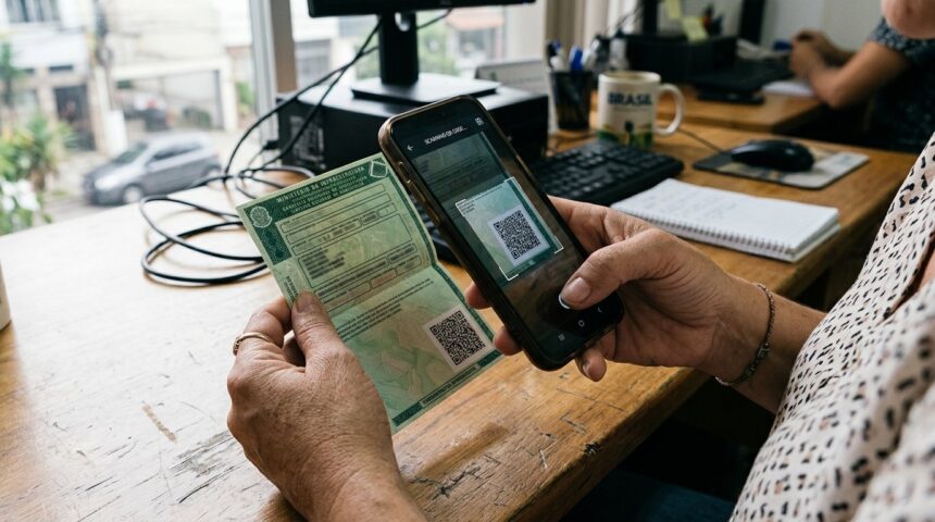 Senatran valida CNH digital de graça pelo portal e aplicativo Vio: veja regras e penas 1 Validar CNH digital: mãos seguram smartphone apontando a câmera para escanear o QR Code no verso de uma CNH sobre fundo neutro.