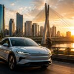 Vendas da Volvo Car Brasil: sUV moderno conectado a estação de recarga rápida em ponto de apoio rodoviário durante o entardecer.