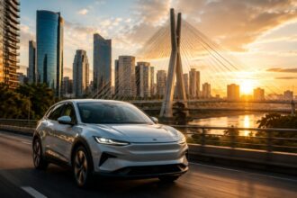 Vendas da Volvo Car Brasil: sUV moderno conectado a estação de recarga rápida em ponto de apoio rodoviário durante o entardecer.