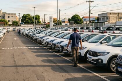 Vendas de ve&iacute;culos: fileiras de carros novos alinhados em p&aacute;tio de concession&aacute;ria sob a luz da manh&atilde;, com funcion&aacute;rio ao fundo de costas conferindo ve&iacute;culos.