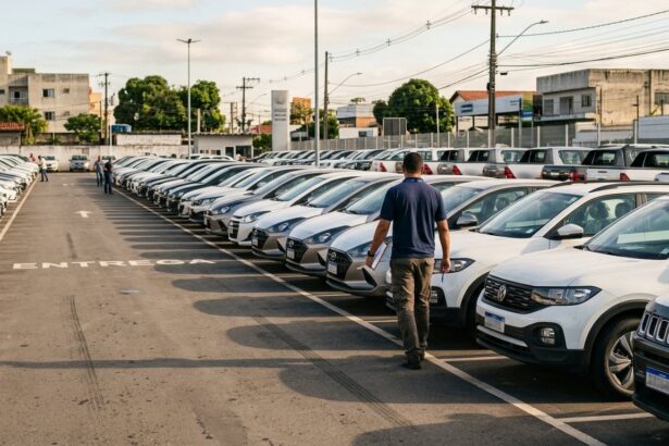 Vendas de veículos: fileiras de carros novos alinhados em pátio de concessionária sob a luz da manhã, com funcionário ao fundo de costas conferindo veículos.