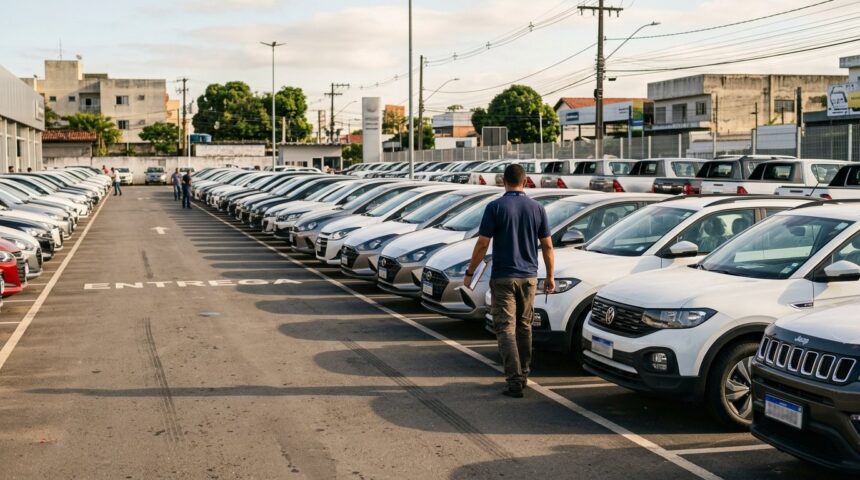 Fenabrave registra 509.686 emplacamentos em setembro com alta de 8,32% nas vendas 1 Vendas de veículos: fileiras de carros novos alinhados em pátio de concessionária sob a luz da manhã, com funcionário ao fundo de costas conferindo veículos.