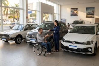 Pcd volkswagen: cliente recebendo chave de veículo na concessionária da linha volkswagen pcd.